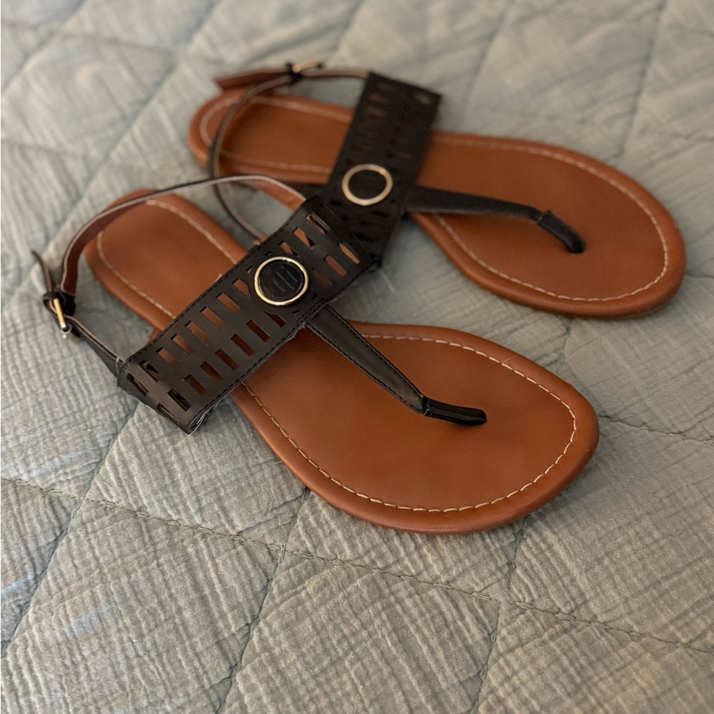 Tommy Hilfiger Black and Brown Leather Sandals
